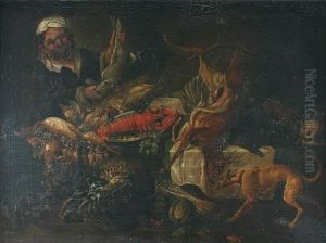 Still Life With Game, Seafood,
And Vegetables, With Greyhound And Servant Displaying A Hare by Frans Snyders