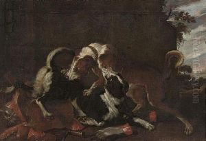 A Wooded Landscape With Two Dogs Fighting Over The Remains Of A Carcus