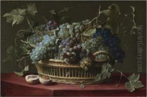 A Still Life With A Basket Of Grapes On The Vine, A Halved Peach On The Ledge Below by Frans Snyders