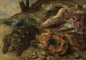 Grosses Fischstilleben. by Frans Snyders