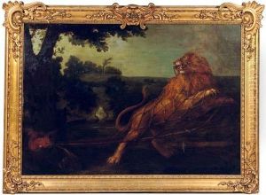 A Lion Caught In A Net With A Squirl Nearby