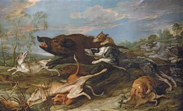 A Wild Boar Attacked By Hounds - view 1