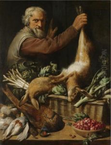 A Market Stall With A Peasant
Holding Up A Hare, A Pheasant, Partridge, A Bowl Of Strawberries And A
Square Basket Of Artichokes And Asparagus, All Arranged On A Table-top by Frans Snyders