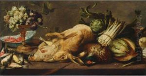 A Still Life Of A Hare, A 
Pheasant, A Partridge, Song Birds, Asparagus, A Melon, Artichokes, 
Together With A Silver-gilt Tazza With Grapes And Shrimps In Wan-li 
Bowls, All On A Wooden Table by Frans Snyders