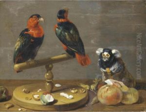 A Still Life With Two Parrots, A Marmoset, Apples, And A Variety Of Nuts On A Table by Frans Snyders