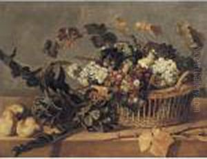 Still Life Of Grapes In A Basket With Artichokes And Pears All Resting On A Table