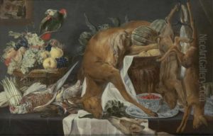 Banquet Of Life With A Deer, Two Boars, A Dog, A Basket Of Fruit With A Parrot And Bowl by Frans Snyders
