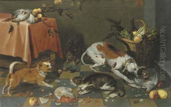 Dogs And Cats Fighting In A Kitchen Interior - view 1