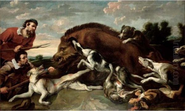 A Boar Hunt With Hounds And Two Sportsmen - view 1