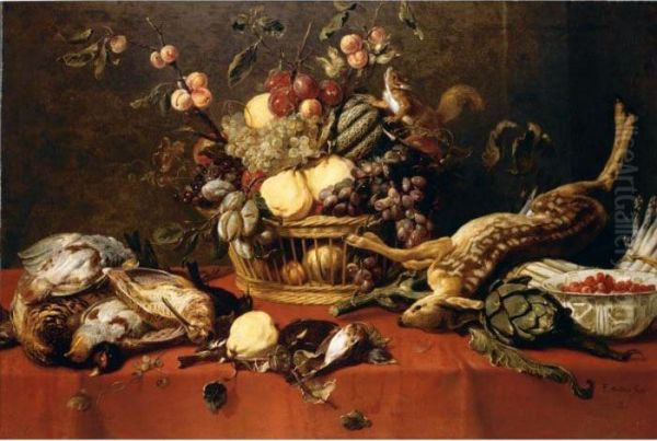 Fruit In A Basket Together With 
Game, A Bowl Of Fraises-de-bois, Artichokes, Asparagus And A Squirrel 
Upon A Table Draped With A Red Cloth - view 1