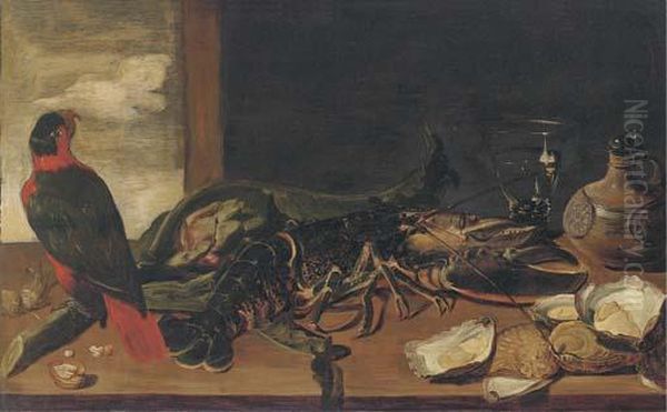 A Parrot, A Lobster, An Artichoke, Oysters, A Roemer Of Wine And Aflask On A Ledge - view 1