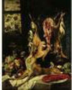 Nature Morte Au Gibier, Panier De Fruits Et Homard Sur Un Entablement by Frans Snyders