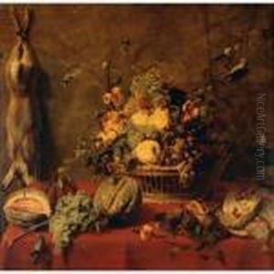 A Still Life Of Fruit In A
Basket, Flanked By Melons, Grapes And Figs, Partridge, All On A Ledge
Draped In A Red Cloth, With A Hare Suspended From A Nail To The Left by Frans Snyders