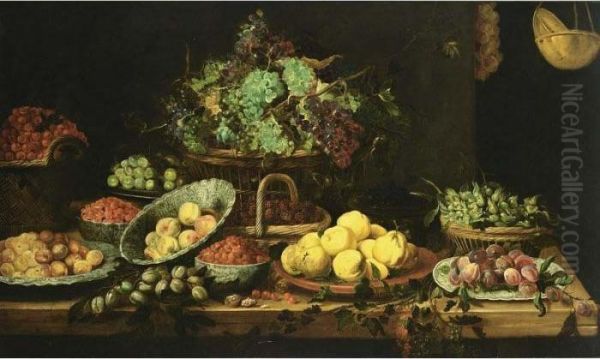 An Extensive Still Life Of 
Peaches, Apricots And Strawberries In Wan-li Porcelain Bowls, 
Quince-pears On A Stone Plate, Black Prunes On A Chinese Plate, 
Hazelnuts, Grapes, Blackberries And Cherries In Baskets, Berries And 
White Prunes In Copper Bo - view 1