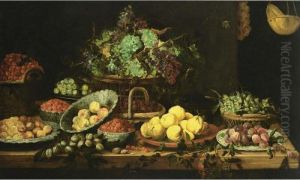 An Extensive Still Life Of 
Peaches, Apricots And Strawberries In Wan-li Porcelain Bowls, 
Quince-pears On A Stone Plate, Black Prunes On A Chinese Plate, 
Hazelnuts, Grapes, Blackberries And Cherries In Baskets, Berries And 
White Prunes In Copper Bo by Frans Snyders
