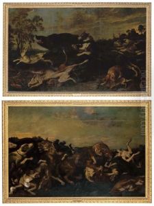 A Wild Boar Attacked By Hounds; And Wolves And Hounds Engaged In Afierce Struggle by Frans Snyders