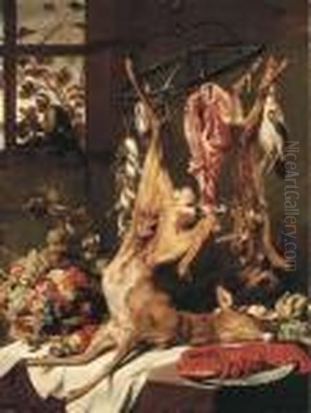 A Deer, A Fawn And Other Dead
Game Suspended On Hooks, A Lobster Ona Porcelain Plate, Artichokes And
Grapes, Apples, Plums And Otherfruit In A Basket On A Partly-draped
Table With Two Monkeys - view 1