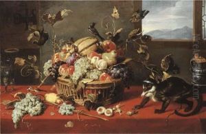 A Melon, Grapes, Apples, Pears, Peaches And Other Fruit In Abasket