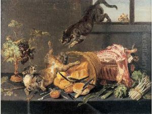 Chats Se Disputant Sur Une Table Garnie D'une Coupe De Fraises,
 Panier De Poires Et Pieces De Viande by Frans Snyders