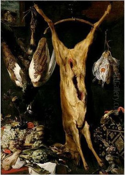 A Still Life Of Artichokes,
Grapes And A Melon In A Basket, A Hung Peacock, Roe-buck And Grouse,
Together With A Parrot And A Monkey, A Cat Jumping Through A Window
Beyond - view 1