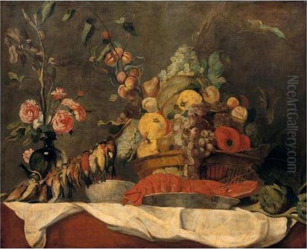 Still Life Of Fruit In A Wicker
Basket, Together With A Lobster And Blue And White Porcelain Dish, Song
Birds, Artichokes And A Vase Of Roses - view 1
