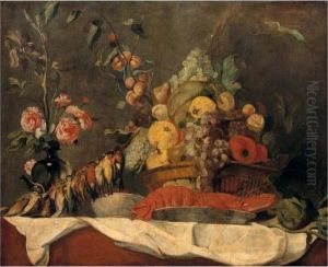 Still Life Of Fruit In A Wicker 
Basket, Together With A Lobster And Blue And White Porcelain Dish, Song 
Birds, Artichokes And A Vase Of Roses