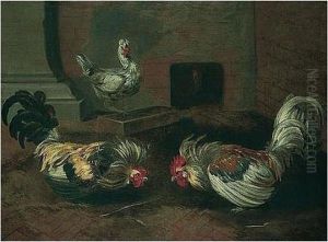 A Poultry-yard Scene With Cockerels Fighting