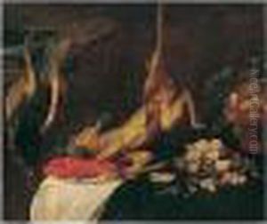 Game Larder Still Life With 
Deer, Peacock, Lobster, A Dish Of Oysters And A Basket Of Fruit