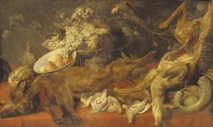 A Dead Boar, With Partridge, A 
Kingfisher And A Dead Deer On A Draped Table With A Melon, A Bowl With 
Apples And A Lemon, A Basket Of Grapes, And A Parakeet On A Vine Branch by Frans Snyders