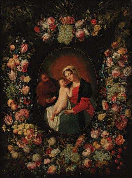 A Garland Of Flowers And Fruit 
Decorating A Medallion Of The Holyfamily, Holding An Apple And 
Forget-me-nots - view 1