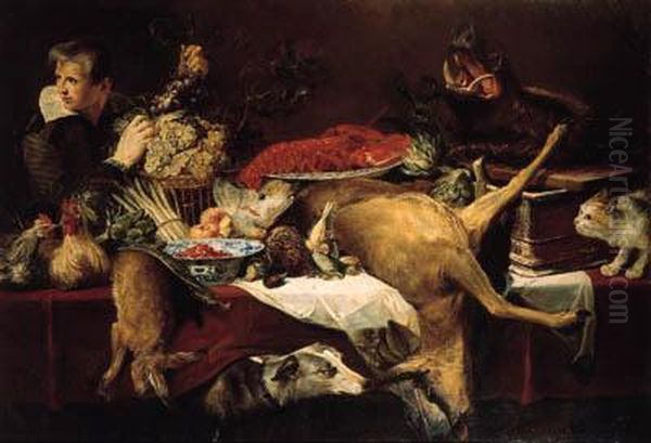Chickens, A Dead Hare,
Artichokes, A Bunch Of Asparagus, A Melon,oranges, Dead Game,
Frais-de-bois In A Klapmuts, A Lobster On Aporcelain Dish, A Dead
Roebuck, And A Boar's Head On A Copper Panon A Draped Table, A Cat And A
Dog Nearby, With A Page - view 1