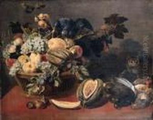 A Parrot Perched On A Basket Of 
Fruit, With A Melon, Figs And A Catwatching Dead Partridges And Black 
Grouse On A Table