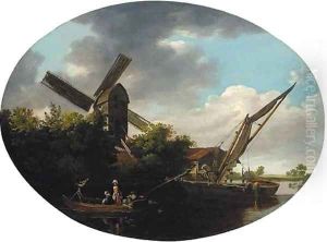 A river landscape, with a windmill and figures in a boat in the foreground A river landscape, with a windmill and figures in a boat in the foreground