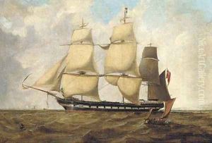 A rowing-boat approaching a three-masted vessel in open sea by English School