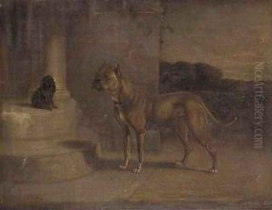 A Staffordshire bull terrier with a spaniel on a step by English School