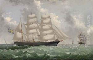 A Swedish three-masted barque in two positions