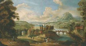 An extensive mountainous river landscape with a castle by a bridge, huntsmen and hounds in the foreground
