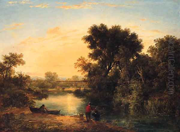 Anglers on the Bank of a tranquil River at Sunset - view 1