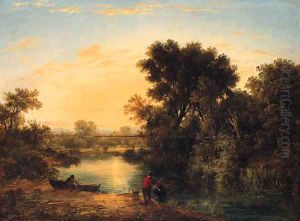 Anglers on the Bank of a tranquil River at Sunset