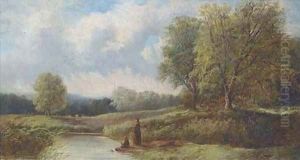 Anglers on the banks of a river by English School