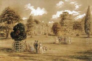 Archery in the grounds of a country house by English School