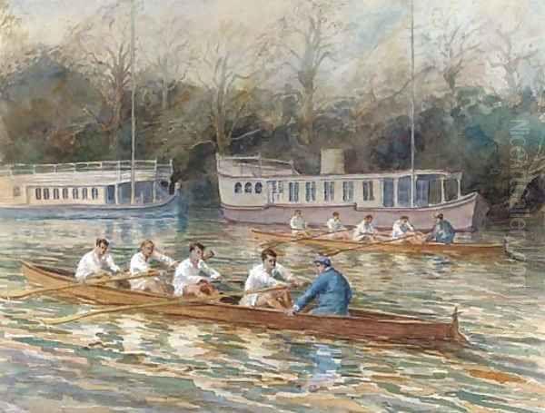 Balliol College Four rowing past houseboats - view 1