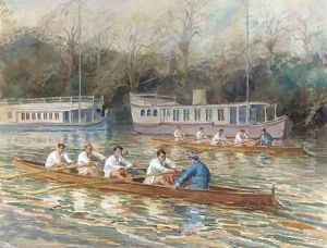 Balliol College Four rowing past houseboats