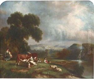 Cattle watering in a wooded landscape; and Figures resting by a waterfall with cattle and sheep by English School