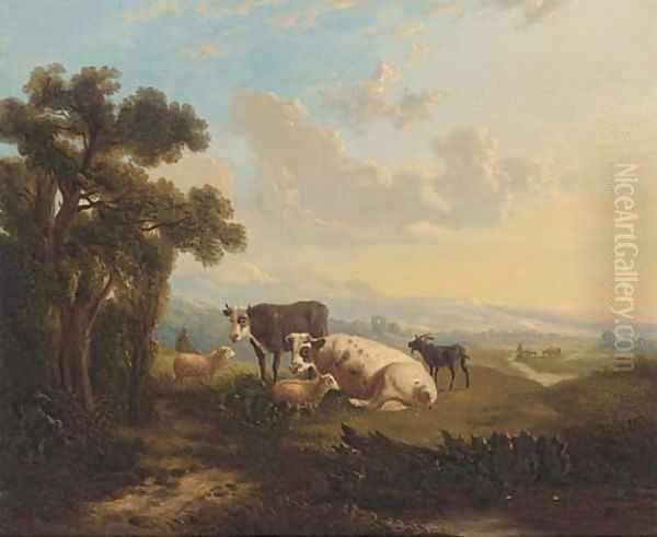 Cattle, sheep and a goat on a hill side - view 1