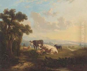 Cattle, sheep and a goat on a hill side by English School