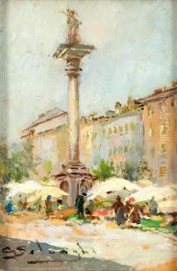 Piazza A Milano Con Mercato by Giuseppe Solenghi