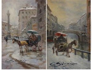 Caleches En Ville Sous La Neige by Giuseppe Solenghi