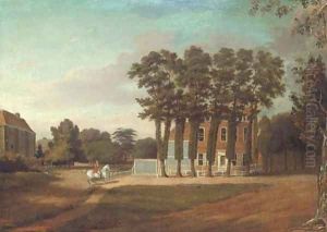 Figure on horseback outside a country house by English School