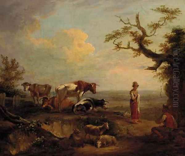 Figures and livestock resting in a landscape - view 1